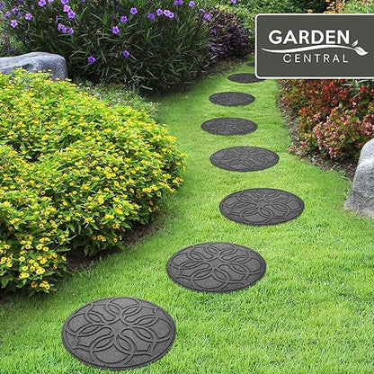Garden Central TierraVerde 4-Pack 18”x18” Fake Pendant Rubber Stepping Stones, Round, Grey – Reversible Non-Slip Outdoor Faux Decorative Set for Landscaping – DIY Decor for Walkways & Yard Pathways