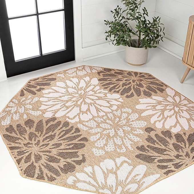 JONATHAN Y Floral Textured Weave Indoor Outdoor Octagon Area Rug 8 Ft Brown/Cream, Zinnia Modern for Backyard, Patio, Porch, Easy-Cleaning, High Traffic, Pet-Friendly, Non-Shedding (SMB110I-8TGN)