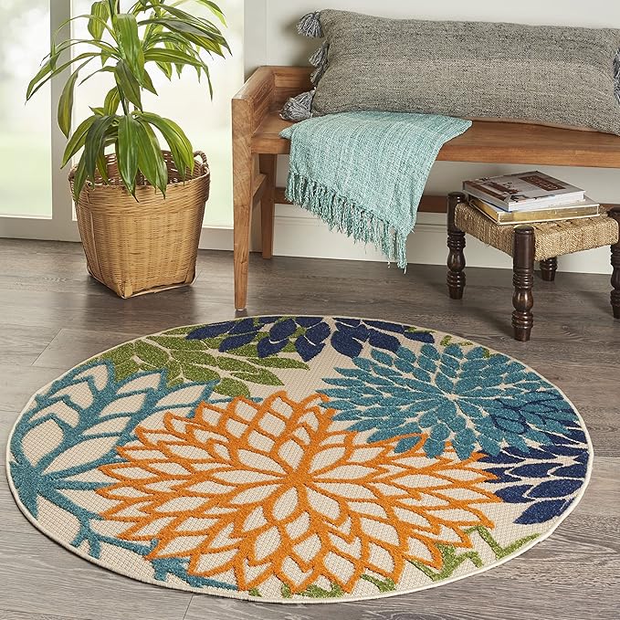 Nourison Aloha Indoor/Outdoor Multicolor 5'3'' x Round Area--Rug, Tropical, Botanical, Easy--Cleaning, Non Shedding, Bed Room, Living Room, Dining Room, Deck, Backyard, Patio (5 Round)