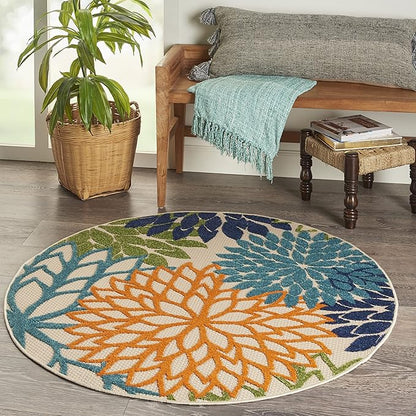 Nourison Aloha Indoor/Outdoor Multicolor 5'3'' x Round Area--Rug, Tropical, Botanical, Easy--Cleaning, Non Shedding, Bed Room, Living Room, Dining Room, Deck, Backyard, Patio (5 Round)