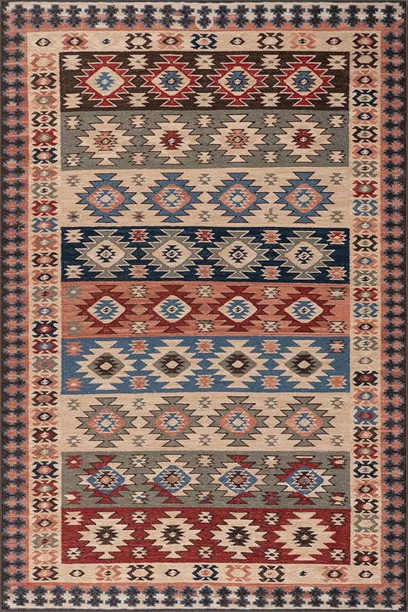 Dash & Albert Balsam Kilim Multi Machine Washable Rug, 7.5 X 9.5 Feet, Red Geometric Pattern