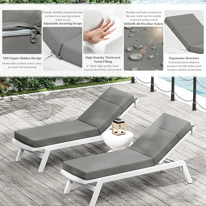 Chaise Lounge Cushion for Outdoor Furniture, Waterproof Fade and Tear Resistant Lounge Deck Chair Cushions for Patio Lawn Pool Resort Hotel