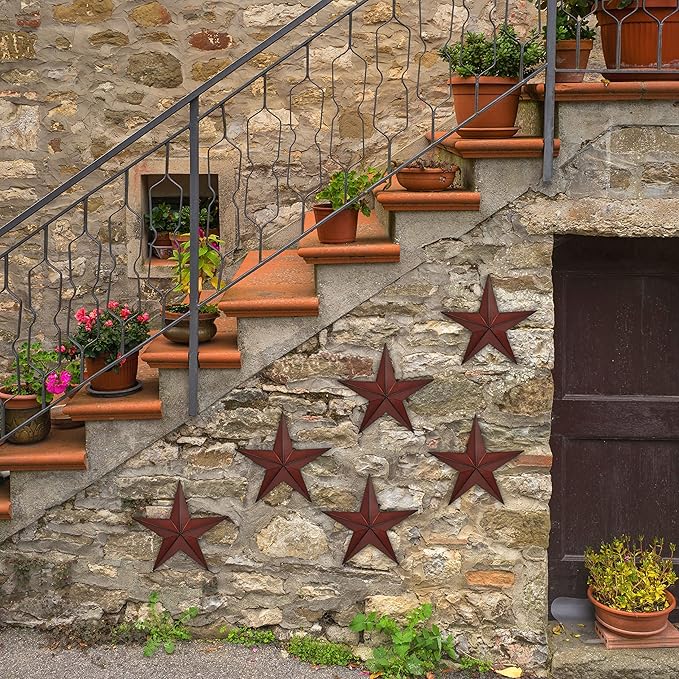 JoyEvy 6"（6pieces Red Black Barn Star Texas Stars Art-Metal Stars for Outside Rustic Vintage Western Wall Decor Country Home Farmhouse Wall Decorations