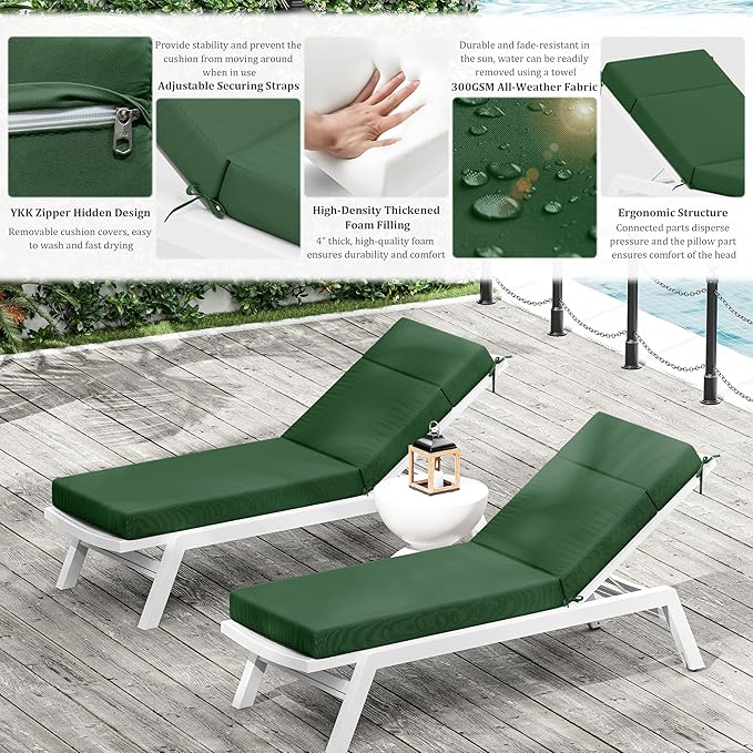 Chaise Lounge Cushion for Outdoor Furniture, Waterproof Fade and Tear Resistant Lounge Deck Chair Cushions for Patio Lawn Pool Resort Hotel