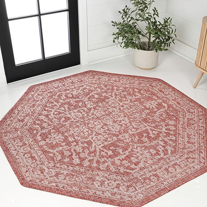 JONATHAN Y Boho Medallion Indoor Outdoor Octagon Area Rug 5 Ft Red/Taupe, Malta Textured Weave for Backyard, Patio, Porch, Easy-Cleaning, High Traffic, Pet-Friendly, Non-Shedding (SMB104A-5TGN)