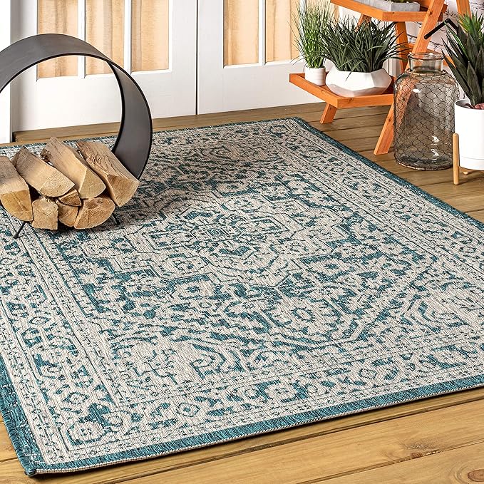 JONATHAN Y Medallion Weave Indoor Outdoor Area Rug 3X5 Teal Blue/Gray, Sinjuri Textured for Backyard, Patio, Porch, Easy-Cleaning, High Traffic, Pet-Friendly, Non-Shedding (SMB101C-3)