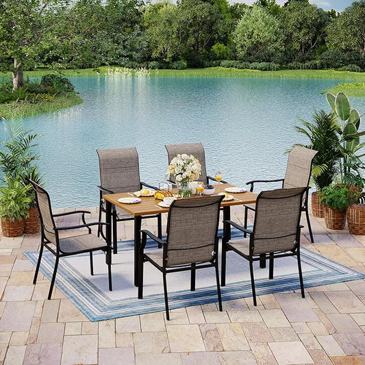 7 Pieces Patio Table and Chairs Set, 6 People Patio Dining Furniture Set, 6 Textilene Standard Chairs and Teak Color Tabletop Metal Table with Umbrella Hole, for Deck Garden Backyard