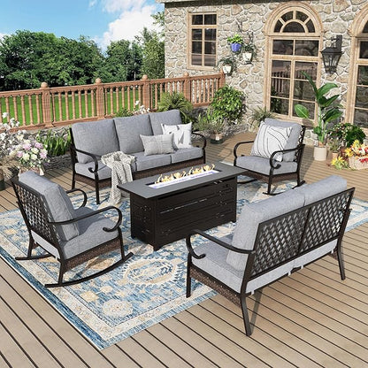 Patio Furniture Set with Firepit Table, Black Frame Outdoor Conversation Set with 2 x Rocking Chairs, 1 x 2-Seat Sofa, 1 x 3-Seat Sofa for Lawn Garden Backyard, Grey