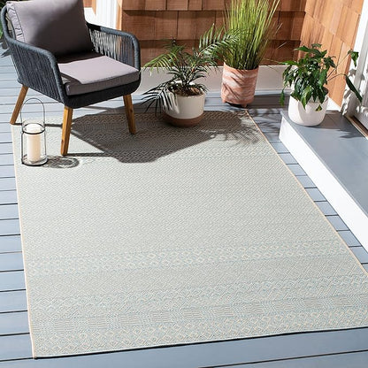 SAFAVIEH Washable Rug Outdoor Courtyard Collection - 5'3" Square, Beige & Aqua Blue, Non-Shedding & Easy Cleaning, Ideal for Patio, Backyard, Mudroom (CY6235-21312)