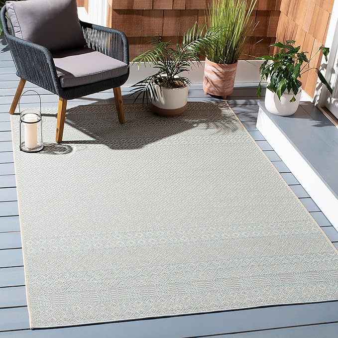 SAFAVIEH Washable Rug Outdoor Courtyard Collection - 4' Square, Beige & Aqua Blue, Non-Shedding & Easy Cleaning, Ideal for Patio, Backyard, Mudroom (CY6235-21312)