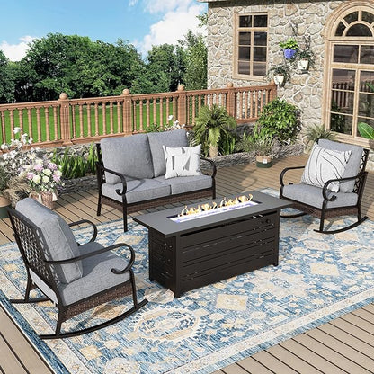 Patio Furniture Set with Firepit Table, Black Frame Outdoor Conversation Set with 2 x Rocking Chair, 1 x 2-Seat Sofa for Lawn Garden Backyard, Grey