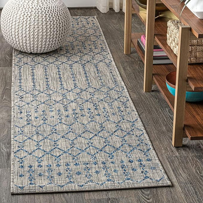 JONATHAN Y Moroccan Geometric Indoor Outdoor Runner Rug 2X20 Light Gray/Navy, Ourika Textured Weave for Backyard, Patio, Porch, Easy-Cleaning, High Traffic, Pet-Friendly, Non-Shedding (SMB108A-220)