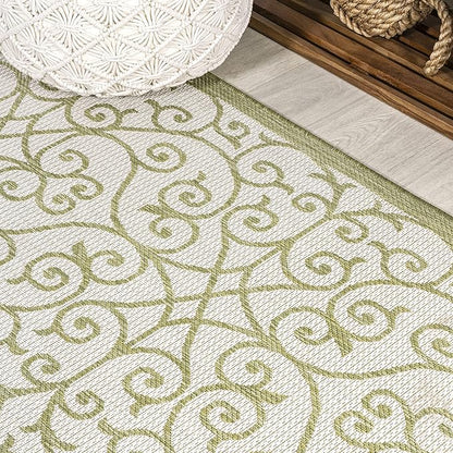 JONATHAN Y Vintage Filigree Indoor Outdoor Runner Rug 2X10 Green/Cream, Madrid Textured Weave for Backyard, Patio, Porch, Easy-Cleaning, High Traffic, Pet-Friendly, Non-Shedding (SMB107H-210)