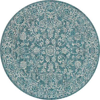 JONATHAN Y Weave Floral Indoor Outdoor Round Area Rug 4 Ft Teal/Gray, Tela Bohemian Textured for Backyard, Patio, Porch, Easy-Cleaning, High Traffic, Pet-Friendly, Non-Shedding (SMB100C-4R)