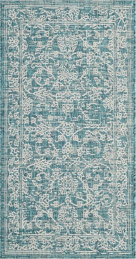 SAFAVIEH Washable Rug Outdoor Courtyard Collection - 2'7" x 5', Turquoise, Non-Shedding & Easy Cleaning, Ideal for Patio, Backyard, Mudroom (CY8680-37221)