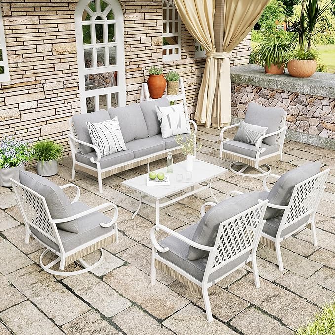 6 Piece Patio Furniture Set, 2 x Fixed Chair, 2 x Swivel Chair, 1 x 3-Seat Sofa with Marbling Coffee Table, 7 Seats Outdoor Conversation Set for Lawn Garden Backyard, Light Gray