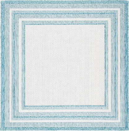 SAFAVIEH Washable Rug Outdoor Courtyard Collection - 6'7" Square, Ivory & Aqua Blue, Non-Shedding & Easy Cleaning, Ideal for Patio, Backyard, Mudroom (CY8475-53612)