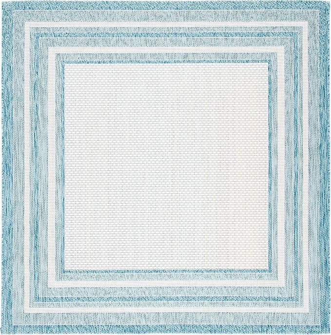 SAFAVIEH Washable Rug Outdoor Courtyard Collection - 5'3" Square, Ivory & Aqua Blue, Non-Shedding & Easy Cleaning, Ideal for Patio, Backyard, Mudroom (CY8475-53612)