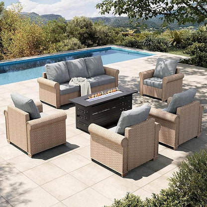 HERA'S HOUSE 6-Piece Patio Furniture Set, All Weather 7 Seats Outdoor Wicker Sofa with 57" Fire Pit Table, 5.5" Thick Waterproof Cushion Conversation Couch Set for Garden Deck Backyard, Grey
