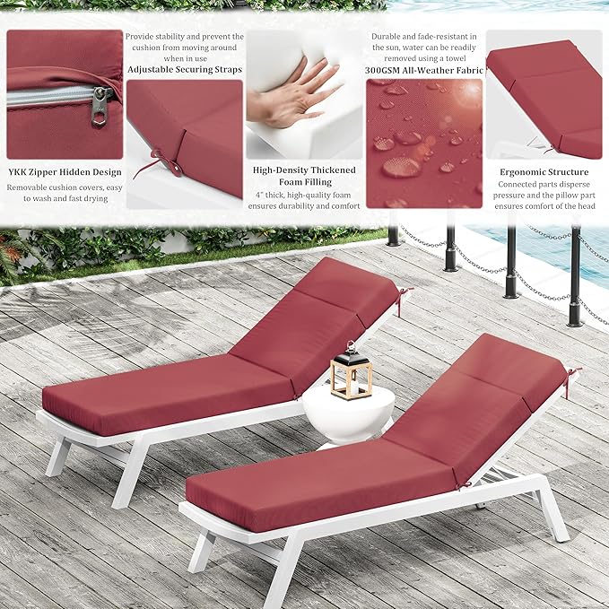 Chaise Lounge Cushion for Outdoor Furniture, Waterproof Fade and Tear Resistant Lounge Deck Chair Cushions for Patio Lawn Pool Resort Hotel