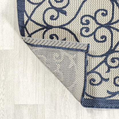 JONATHAN Y Vintage Filigree Indoor Outdoor Runner Rug 2X10 Navy/Beige, Madrid Textured Weave for Backyard, Patio, Porch, Easy-Cleaning, High Traffic, Pet-Friendly, Non-Shedding (SMB107G-210)