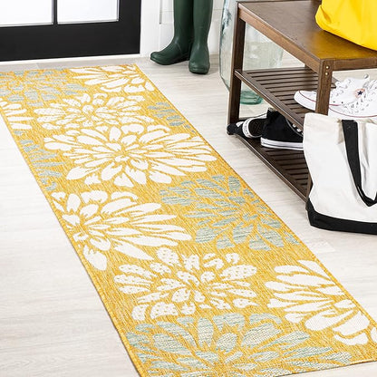 JONATHAN Y Floral Textured Weave Indoor Outdoor Runner Rug 2X8 Yellow/Cream, Zinnia Modern for Backyard, Patio, Porch, Easy-Cleaning, High Traffic, Pet-Friendly, Non-Shedding (SMB110G-28)