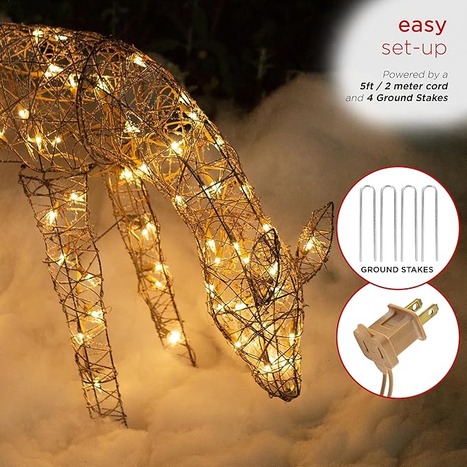 Alpine Corporation Grazing Rattan Reindeer Decoration with Warm White Lights, Christmas Decoration
