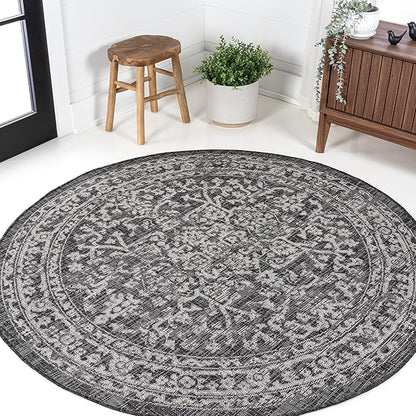 JONATHAN Y Boho Medallion Indoor Outdoor Round Area Rug 3 Ft Black/Gray, Malta Textured Weave for Backyard, Patio, Porch, Easy-Cleaning, High Traffic, Pet-Friendly, Non-Shedding (SMB104C-3R)