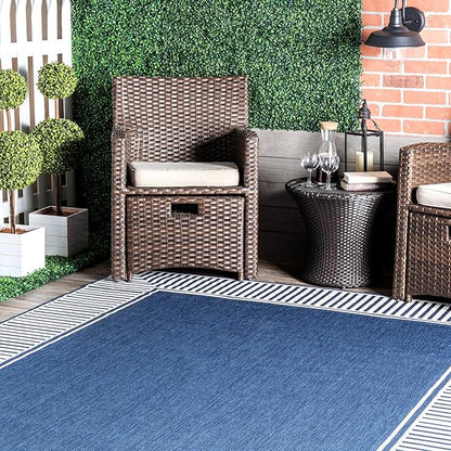 nuLOOM 8' Square Outdoor Area Rug, Casual Design with Striped Border, Stain Resistant, Highly Durable, for Patio, Balcony, Bedroom, Living Room, Dining Room, Bathroom, Navy