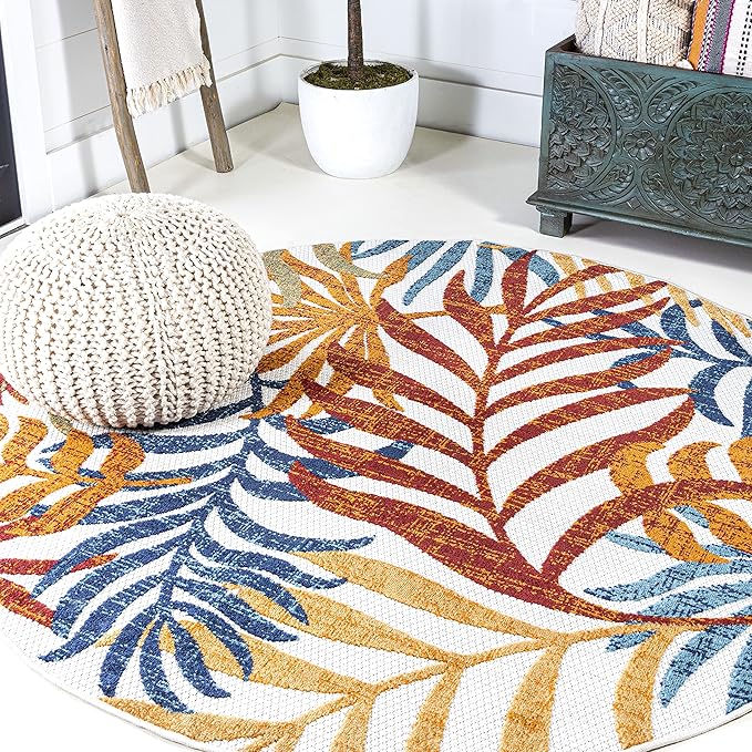 JONATHAN Y Tropics Palm Leaves Indoor Outdoor Round Area Rug 5 Ft Cream/Orange, Boho for Backyard, Patio, Porch, Easy-Cleaning, High Traffic, Pet-Friendly, Non-Shedding (AMC100B-5R)