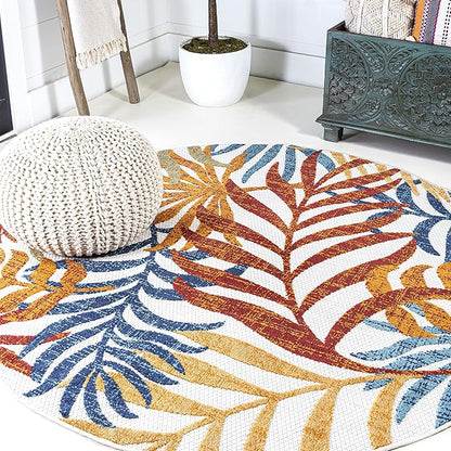 JONATHAN Y Tropics Palm Leaves Indoor Outdoor Round Area Rug 5 Ft Cream/Orange, Boho for Backyard, Patio, Porch, Easy-Cleaning, High Traffic, Pet-Friendly, Non-Shedding (AMC100B-5R)