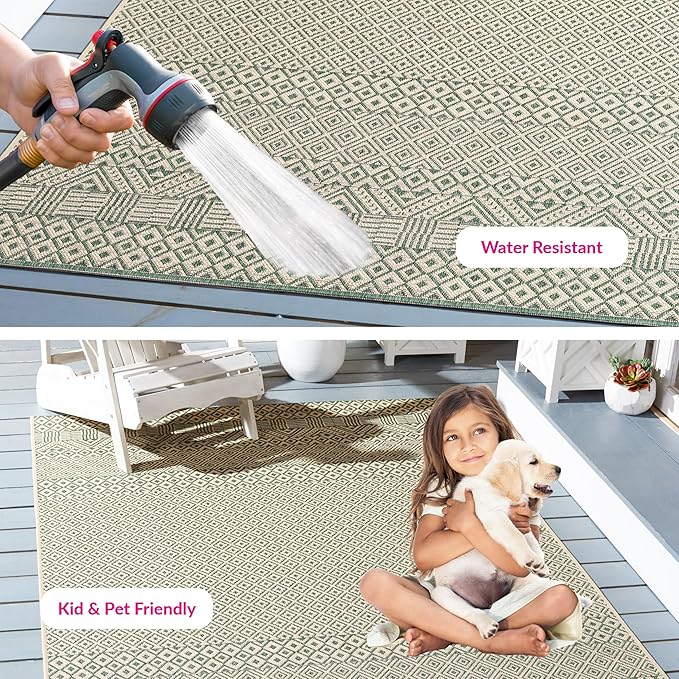 SAFAVIEH Washable Rug Outdoor Courtyard Collection - 5'3" x 7'7", Dark Green & Beige, Non-Shedding & Easy Cleaning, Ideal for Patio, Backyard, Mudroom (CY6235-32212)
