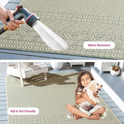SAFAVIEH Washable Rug Outdoor Courtyard Collection - 5'3" x 7'7", Dark Green & Beige, Non-Shedding & Easy Cleaning, Ideal for Patio, Backyard, Mudroom (CY6235-32212)