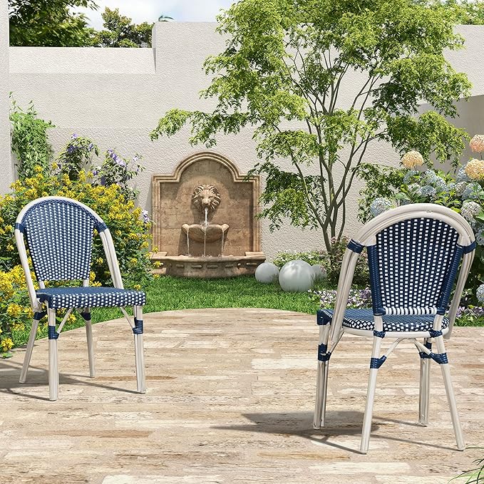 PURPLE LEAF Outdoor Dining Chair Set of 4 Aluminum Frame Wicker Rattan Chairs for Garden Kitchen White Print Finish Patio Chairs Deep Blue French Bistro Chairs