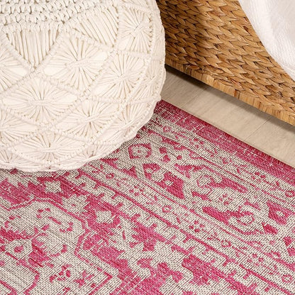 JONATHAN Y Medallion Weave Indoor Outdoor Square Area Rug 5X5 Fuchsia/Light Gray, Sinjuri Textured for Backyard, Patio, Porch, Easy-Cleaning, High Traffic, Pet-Friendly, Non-Shedding (SMB101G-5SQ)