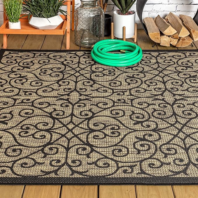 JONATHAN Y Vintage Filigree Indoor Outdoor Area Rug 4X6 Black/Khaki, Madrid Textured Weave for Backyard, Patio, Porch, Easy-Cleaning, High Traffic, Pet-Friendly, Non-Shedding (SMB107A-4)