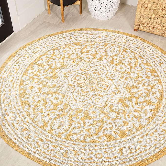JONATHAN Y Medallion Weave Indoor Outdoor Round Area Rug 5 Ft Yellow/Cream, Sinjuri Textured for Backyard, Patio, Porch, Easy-Cleaning, High Traffic, Pet-Friendly, Non-Shedding (SMB101I-5R)