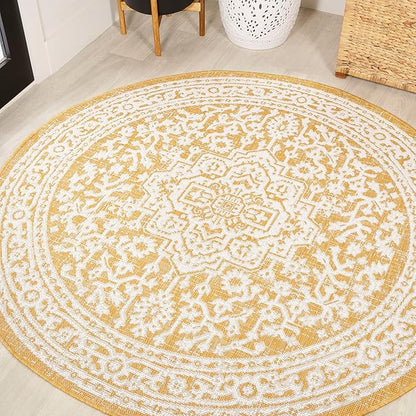 JONATHAN Y Medallion Weave Indoor Outdoor Round Area Rug 5 Ft Yellow/Cream, Sinjuri Textured for Backyard, Patio, Porch, Easy-Cleaning, High Traffic, Pet-Friendly, Non-Shedding (SMB101I-5R)