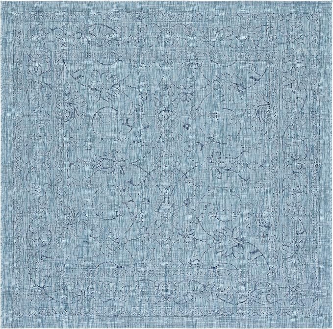 SAFAVIEH Washable Rug Outdoor Courtyard Collection - 6'7" Square, Aqua Blue & Navy, Non-Shedding & Easy Cleaning, Ideal for Patio, Backyard, Mudroom (CY8680-39412)