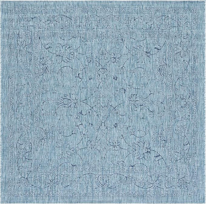 SAFAVIEH Washable Rug Outdoor Courtyard Collection - 6'7" Square, Aqua Blue & Navy, Non-Shedding & Easy Cleaning, Ideal for Patio, Backyard, Mudroom (CY8680-39412)
