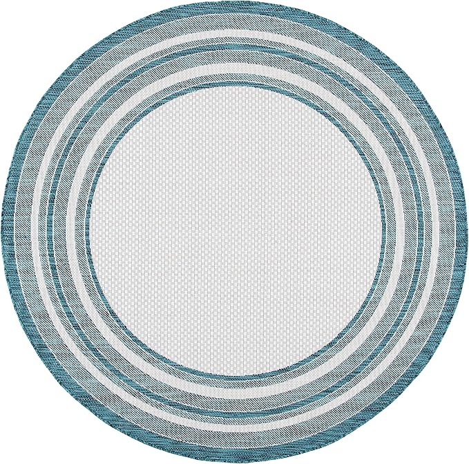 SAFAVIEH Washable Rug Outdoor Courtyard Collection - 6'7" Round, Ivory & Teal, Non-Shedding & Easy Cleaning, Ideal for Patio, Backyard, Mudroom (CY8475-53512)