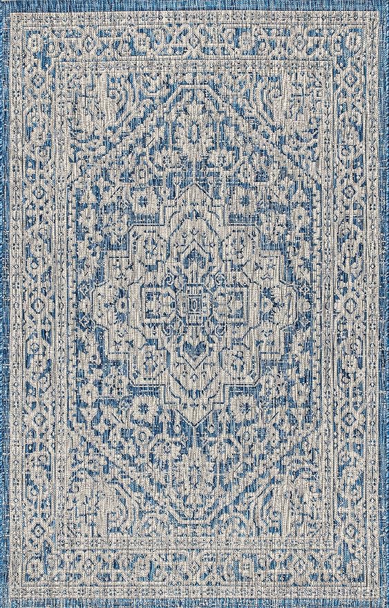JONATHAN Y Medallion Weave Indoor Outdoor Area Rug 5X8 Navy/Gray, Sinjuri Textured for Backyard, Patio, Porch, Easy-Cleaning, High Traffic, Pet-Friendly, Non-Shedding (SMB101B-5)
