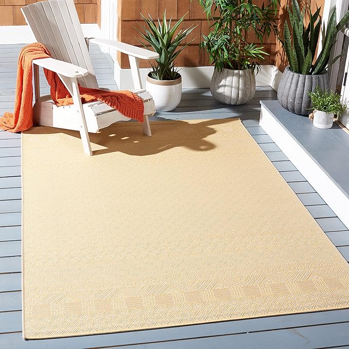 SAFAVIEH Washable Rug Outdoor Courtyard Collection - 6'7" x 9'6", Gold & Beige, Non-Shedding & Easy Cleaning, Ideal for Patio, Backyard, Mudroom (CY6235-30612)