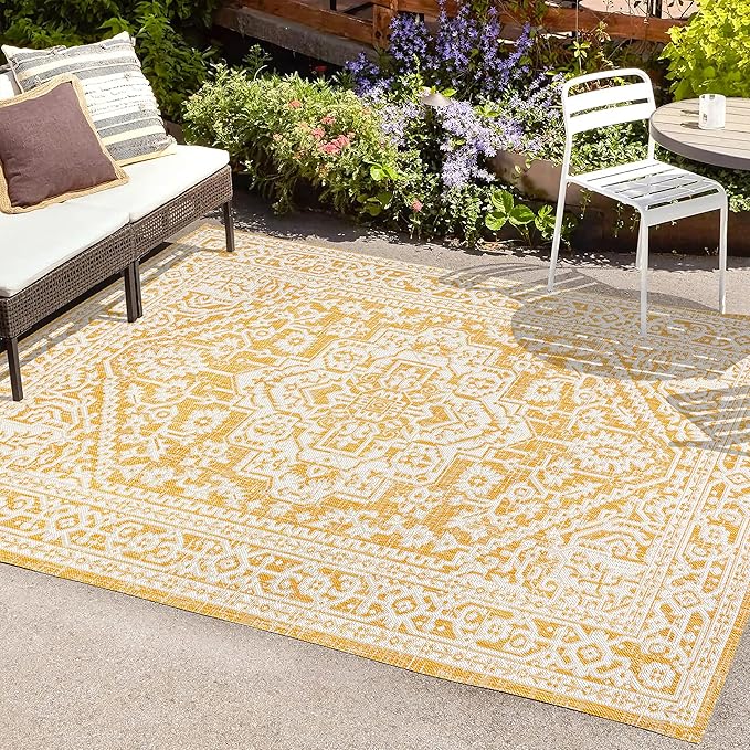 JONATHAN Y Medallion Weave Indoor Outdoor Area Rug 9X12 Yellow/Cream, Sinjuri Textured for Backyard, Patio, Porch, Easy-Cleaning, High Traffic, Pet-Friendly, Non-Shedding (SMB101I-9)