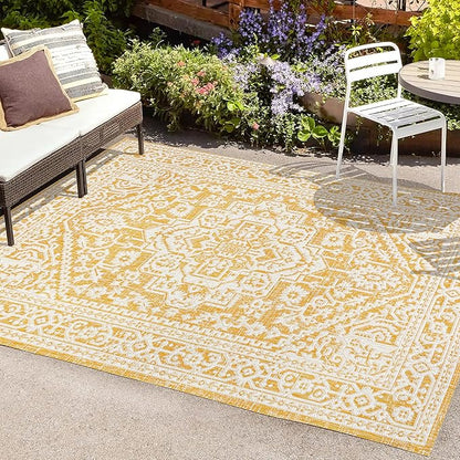 JONATHAN Y Medallion Weave Indoor Outdoor Area Rug 9X12 Yellow/Cream, Sinjuri Textured for Backyard, Patio, Porch, Easy-Cleaning, High Traffic, Pet-Friendly, Non-Shedding (SMB101I-9)