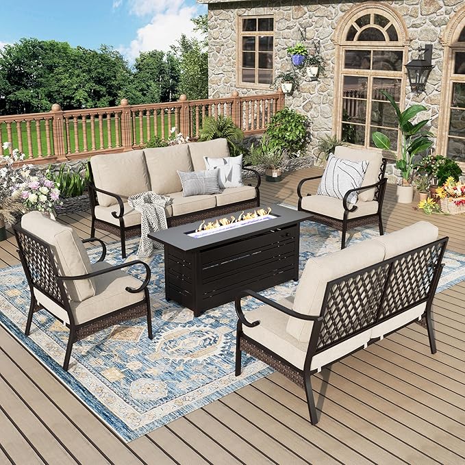 Patio Furniture Set with Firepit Table, Black Frame Outdoor Conversation Set with 2 x Fixed Chairs, 1 x 2-Seat Sofa, 1 x 3-Seat Sofa for Lawn Garden Backyard, Beige