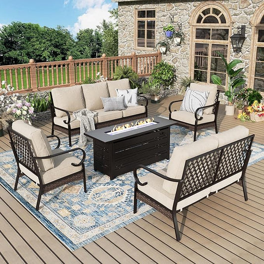 Patio Furniture Set with Firepit Table, Black Frame Outdoor Conversation Set with 2 x Fixed Chairs, 1 x 2-Seat Sofa, 1 x 3-Seat Sofa for Lawn Garden Backyard, Beige