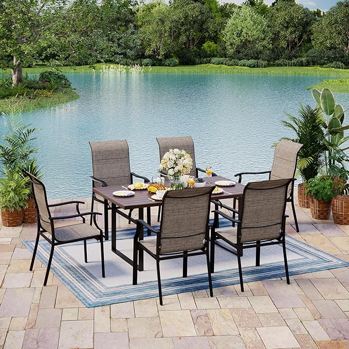 7 Pieces Patio Table and Chairs Set, 6 People Patio Dining Furniture Set, 6 Textilene Standard Chairs and Metal Table with Umbrella Hole, for Deck Garden Backyard