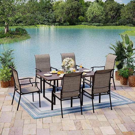 7 Pieces Patio Table and Chairs Set, 6 People Patio Dining Furniture Set, 6 Textilene Standard Chairs and Metal Table with Umbrella Hole, for Deck Garden Backyard