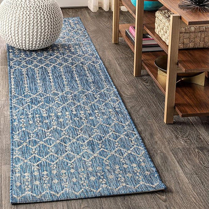 JONATHAN Y Moroccan Geometric Indoor Outdoor Runner Rug 2X10 Navy/Light Gray, Ourika Textured Weave for Backyard, Patio, Porch, Easy-Cleaning, High Traffic, Pet-Friendly, Non-Shedding (SMB108B-210)